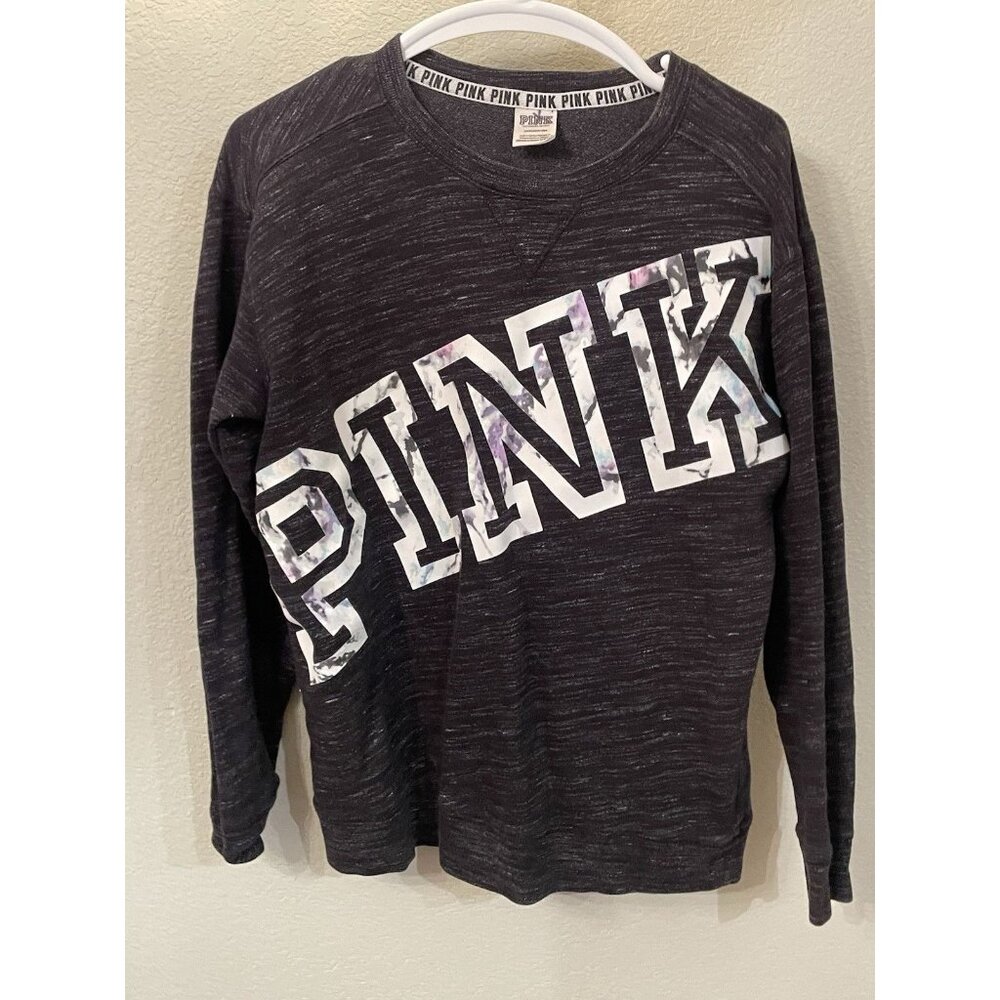 PINK Victoria's Secret Varsity Crew Sweatshirt Small‎ Spellout Gray-black Preppy